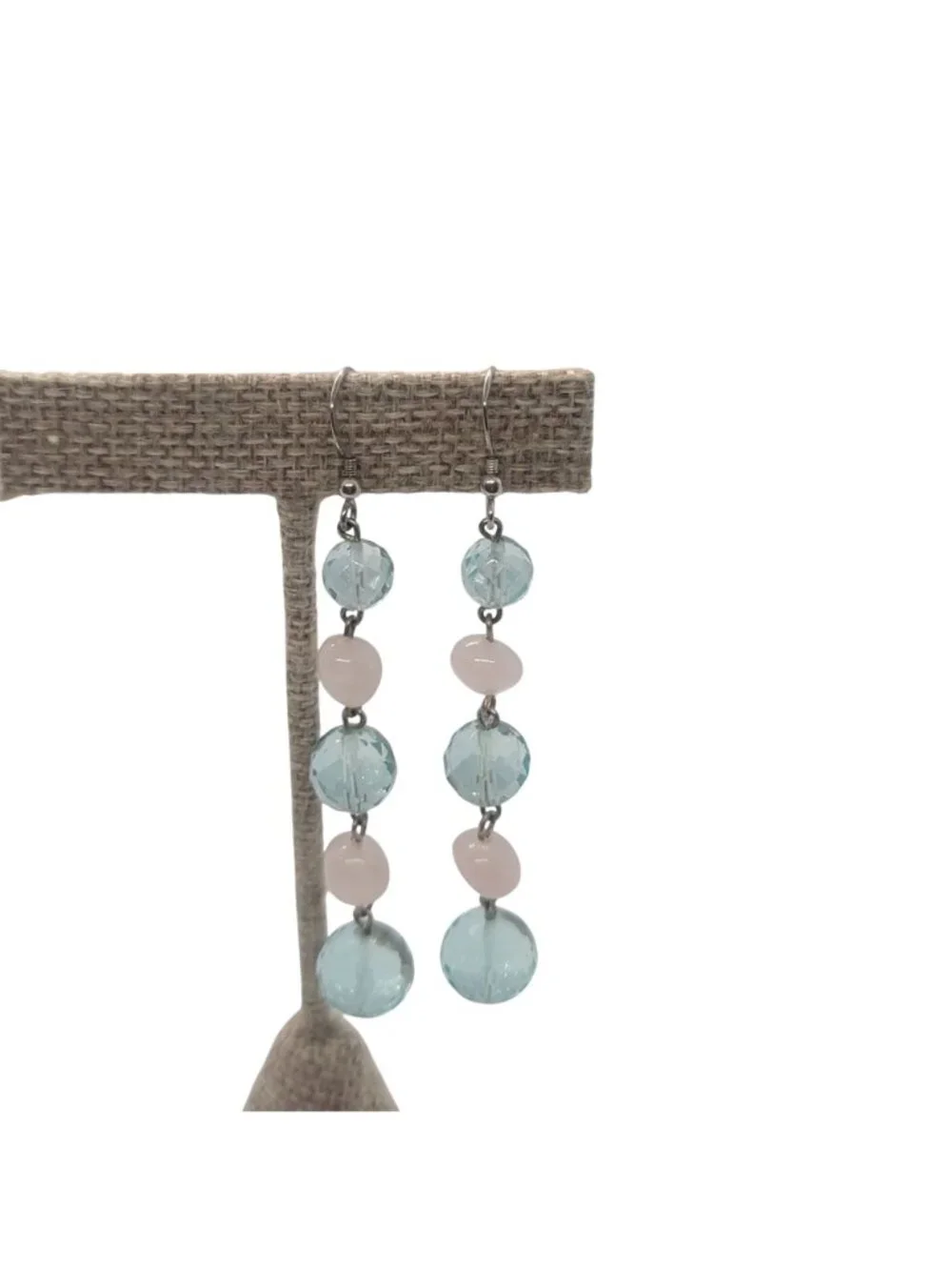 Beaded Dangle Earrings Blue Glass Beads Pink Rose Quartz On .925 Silver Hooks